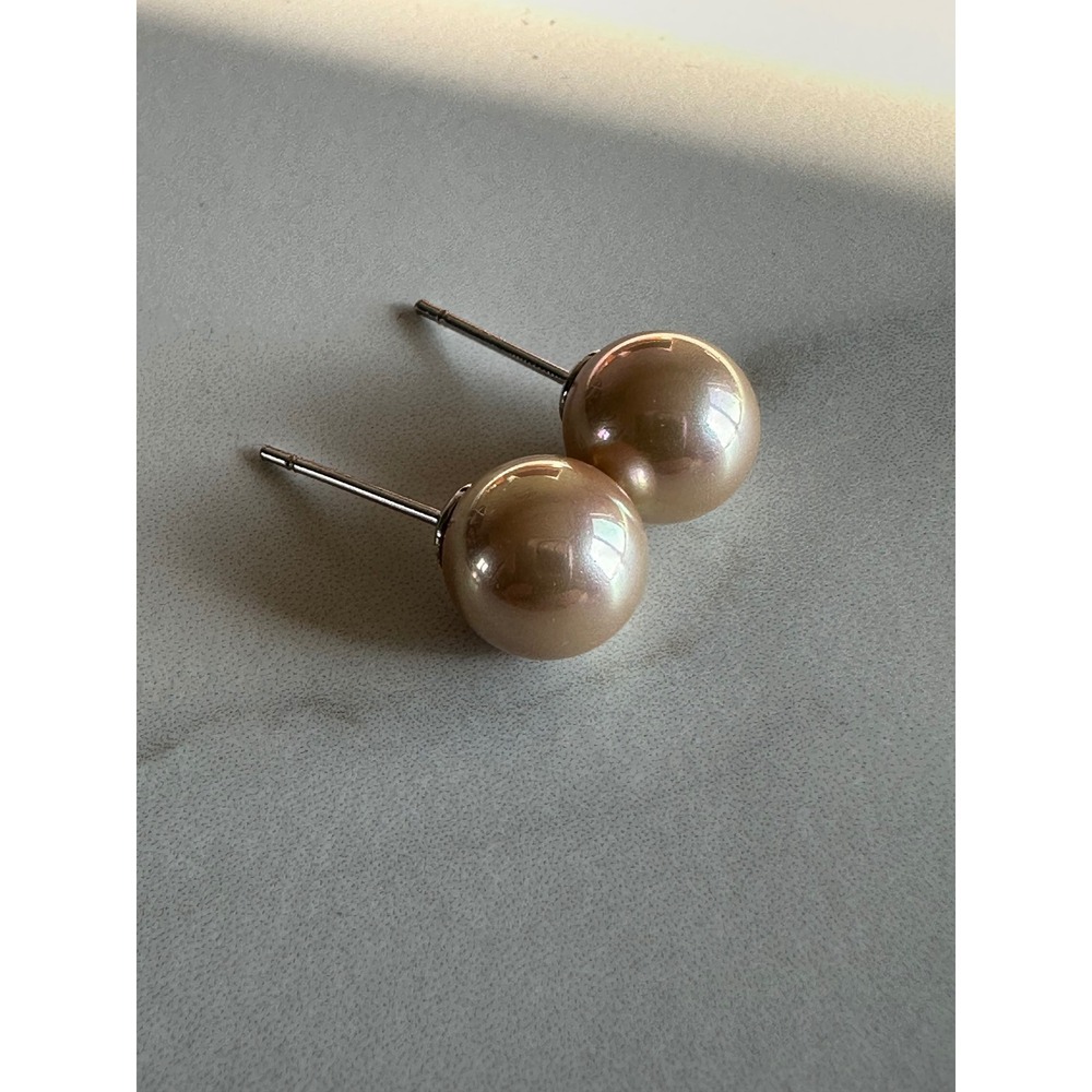 Champagne Iridescent Pearl Stud Earrings Sterling Silver Post Round 1.54g